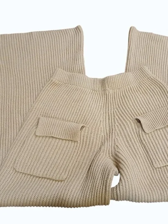 NASTY GAL Camel Ribbed Knit High Waist Wide Leg Pull on Pants - Picture 5 of 10